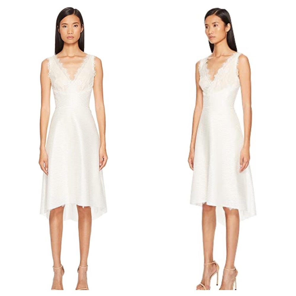 MARCHESA | Striped Neoprene Hi-Low Lace Dress